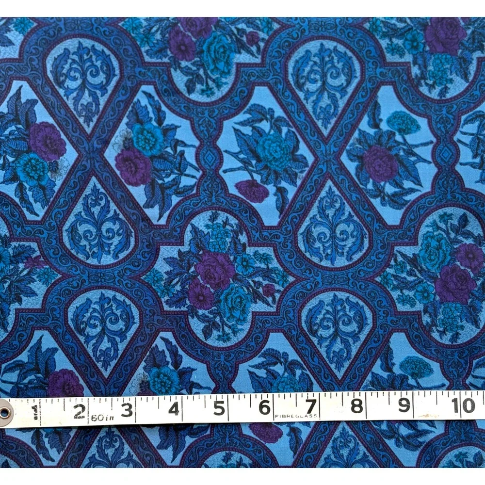 Vintage Blue Floral Medallion Cotton Fabric 42W x 38L Ornate Scroll Rose Print